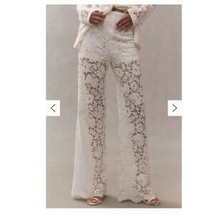 Flounce London White Floral Lace Flare Pants High Rise Sheer Trousers US 10 M2